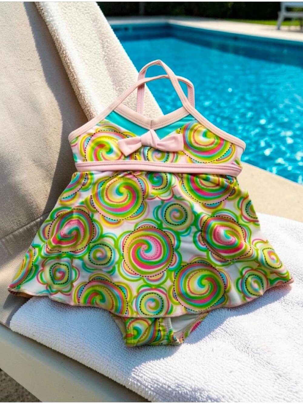 Baby Girls Swirl Patterned One-Piece Swimsuit With Bow Accent & Skirt Overlay
